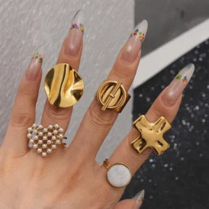 RENSINO Molten Textured Geometric Cross Waterproof Stainless Steel Abstract Punk Statement Finger Ring