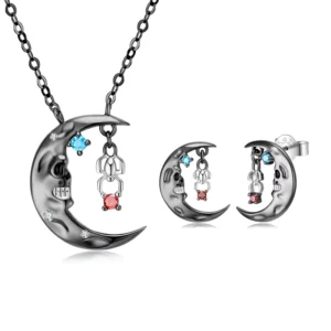 RENSINO Moon Skull and Spider Pendant Necklace and Earing Sets Jewellery with CZ Authentic 925 Sterling Silver for Women Jewelry Making