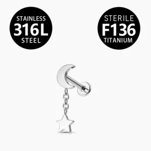 RENSINO Moon Star Chain Vertical Hidden Helix Stud Earrings Dangle 316L Stainless Steel Flat Back Threadless Push Pin Cartilage Rook