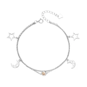RENSINO Moon and Star Bracelet in Pure Silver 925 Double Chain Hand Jewelry for Gift