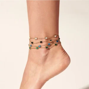 RENSINO Multi Color Square Zircon Anklet for Women 18K PVD Gold Plated Stainless Steel Waterproof Hypoallergenic Non Fading