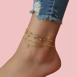RENSINO Multi Layer Anklet Heart Shaped Cross Rhinestone Alloy Beach Anklet