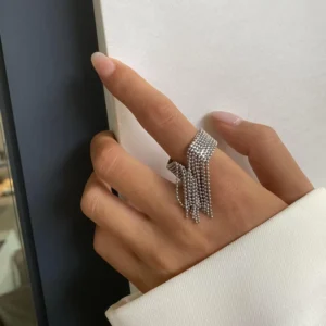 RENSINO Multi Layer Beaded Tassel Open Ring 18k Stainless Steel Eight Layer Adjustable Design Rings