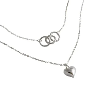 RENSINO Multi Ring Personalized Silver Chain Decoration Ins Double layer Design S925 Pure Silver Heart Pendant Necklace for Women
