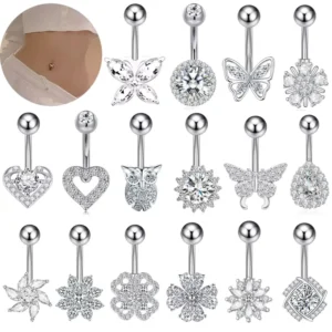RENSINO Multiple Stainless Steel Accessories Butterfly Flower Zircon Belly Ring Women’s Body Piercing Navel Nail Accessories
