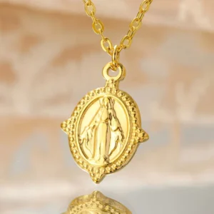 RENSINO Myshape Virgin Mary Stainless Steel Necklace Gold Plated Religious Jewelry for Catholics Link for Party Christmas New Year Gifts