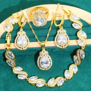 RENSINO NATUNA New Design Fine Waterproof Zircon Retro 18K Gold Plated Necklace Earring Emerald Jewelry Set for Woman