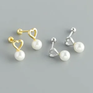 RENSINO NEW Sterling Silver Jewelry 925 Plain Simple Heart Pearl Screw Stud Earrings Jewelry Sterling Silver Stud Earrings Jewelry Women