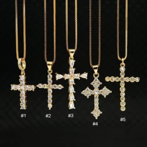 RENSINO NS1082 High Quality Diamond Christian Religion Jewelry Gold Plated Stainless Steel Chain CZ Micro Pave Cross Pendant Necklace