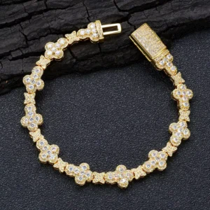 RENSINO NUOYA 10MM Cross Flower Chain Bracelet 18K Gold Plated Micro Pave CZ Diamond Iced Out Hip Hop Fashion Jewelry Gift