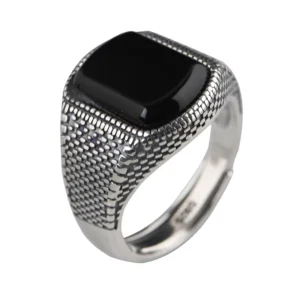 RENSINO Natural Agate Stone Black Rings for Men and Women 925 Sterling Silver