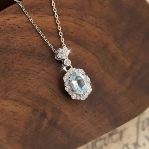 RENSINO Natural Aquamarine Necklace 925 Silver Hypoallergenic Solitaire Pendant Collarbone Chain Custom Gift Box for Women