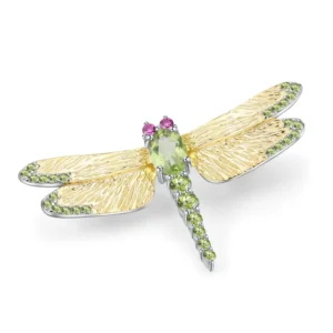 RENSINO Natural Colored Gemstone Brooch with Dragonfly Design Elegant Sterling Silver Peridot Brooch Pins