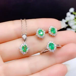 RENSINO Natural Emerald 925 Sterling Silver Gold Plated Classic Wedding Gift Jewelry Sets for Women