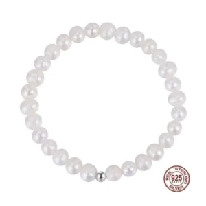RENSINO Natural Freshwater Pearl AAA Grade White Minimalist Stretch Bracelet 925 Sterling Silver Rhodium Plated Nickel Free Lead Free