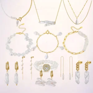 RENSINO Natural Freshwater Pearl Jewelry Set for Women Necklace Earrings 14k Gold Plated 925 Silver Baroque