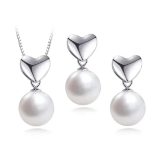 RENSINO Natural Freshwater Round Pearl Heart Shape 925 Sterling Silver Jewelry Set