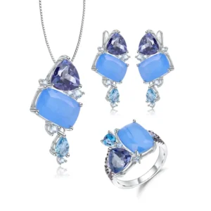 RENSINO Natural Gemstone Aqua Blue Chalcedony Blue Topaz Quartz 925 Sterling Silver Jewelry Set