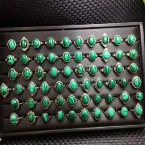 RENSINO Natural Gemstone Crystal Jewelry Rings Malachite Silver Rings