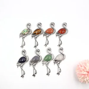 RENSINO Natural Gemstone Inlaid Flamingo Pendant Necklace for Women Men Girls Crystal Quartz Stone Silver Bird Brooch Pin Jewelry