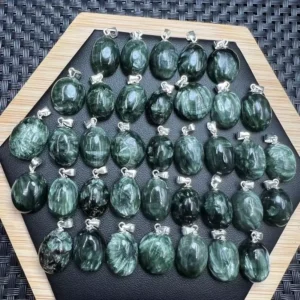 RENSINO Natural Gemstone Jewelry 925 Silver Hook Green Seraphinite Oval Shaped Pendant