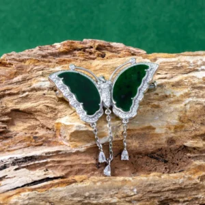 RENSINO Natural Jade Gemstone Butterfly Shape Fine Unisex Brooch for Celebration 925 Silver Jewelry Safety Buckle Boutonniere Corsage