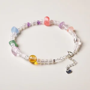 RENSINO Natural Mixed Crystal Chip Bead Bracelet 7 Chakra Healing Gemstone Adjustable Silver Plated Chain for Women