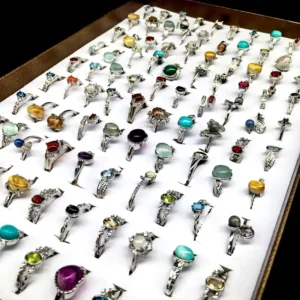 RENSINO Natural Mixed Gemstone Crystal Rings Silver Plated Stainless Steel Adjustable Healing Stone Rings for Women Men