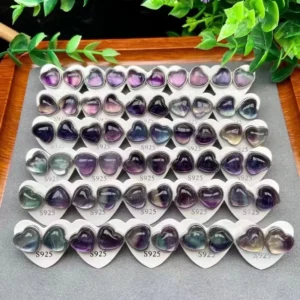 RENSINO Natural Rainbow Fluorite Heart Shaped Stud Earrings S925 Silver Plated Gemstone Healing Crystal Earrings