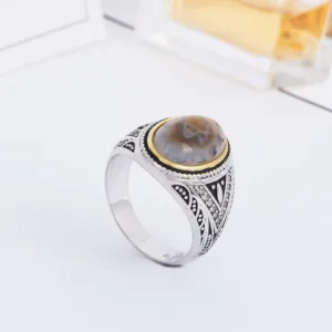 RENSINO Natural Real Gemstone Agate S925 Sterling Silver Men Ring