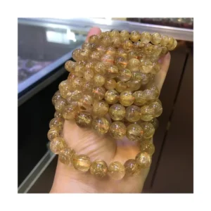 RENSINO Natural Redstone Gold Rutilated Quartz8mm 10mm 12mmBall Bracelet Women’s Fashion Crystal Ornament