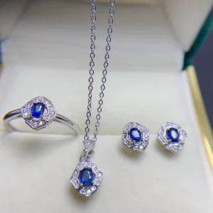 RENSINO Natural Sri Lanka Sapphire Oval Cut 3*4mm Natural Jewelry Set Real Natural Gemstone 925 Silver Necklace