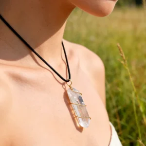RENSINO Natural White Crystal Point Pendant Necklace Hexagon Clear Quartz Gemstone Gold Silver Wire Wrapped Healing Spiritual Jewelry