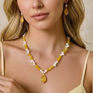 RENSINO Natural Yellow Jade Pearl Jewelry Set Necklace Earrings Quiet Luxury CL26 182