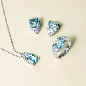 RENSINO Nature Stone Blue Topaz 925 Sterling Silver Jewelry Set Rhodium Plated Necklace