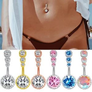 RENSINO Navel Stud with Zircon Inlay, Round Three-zircon, European and American Style, Sexy Body Piercing Jewelry, Navel Ring
