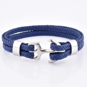 RENSINO Navy Blue Genuine Leather Rose Gold Plated Anchor Bracelet for Man