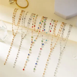 RENSINO Necklace Copper edged Glass Stainless Steel Lobster Clasp Adjustable Chain Tassel Sweater Zircon Necklace for Women