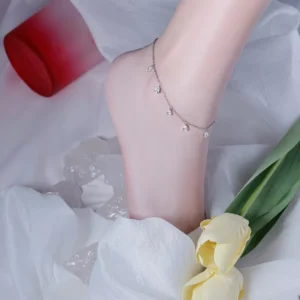 RENSINO New 925 Pure Silver Set Zircon Anklets White Gold Water Drop Shaped Foot Chain Cute Style