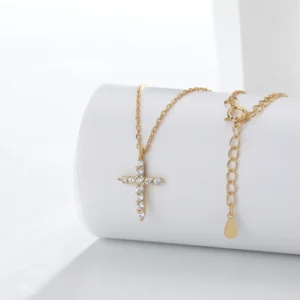 RENSINO New 925 Sterling Silver Cross Necklace Full Diamond Women’s Clavicle Chain with Gold Plated Pendant Trendy Link Style