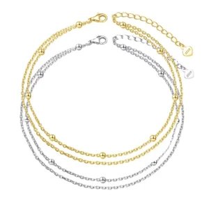 RENSINO New 925 Sterling Silver Gold Plated Anklets Double Layer Round Beads Chain Foot Anklet for Women