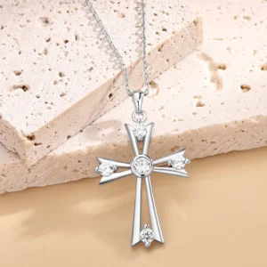 RENSINO New 925 Sterling Silver Openwork Forked Cross Pendant Inlaid with Round Cubic Zircon Pendant Women’s Religious Necklace Jewelry