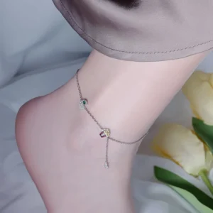 RENSINO New 925 Sterling Silver Women’s Ankle Bracelet with Droplet Shaped Crystal Foot Jewelry