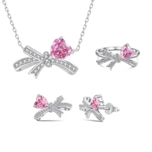 RENSINO New Arrival 925 Sterling Silver Exquisite Heart Bow Blue Zircon Pendant Necklace Ring Earrings Women Jewelry Set