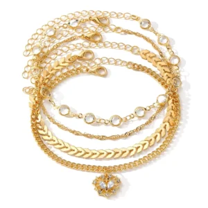 RENSINO New Arrival Butterfly Letter Anklet Set Boho Multi layer 18k Gold Plated Unique Fishbone Fashion Cuban Chain Anklet for Beach
