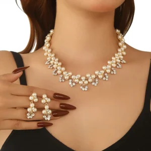 RENSINO New Arrival Elegant Solid Color Flower Pearl Necklace Earrings Set For Women Jewelry