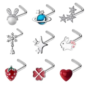 RENSINO New Arrival L Shape Nose Ring 925 Silver Body Jewelry with Gold Flower Heart Design Piercing Jewelry