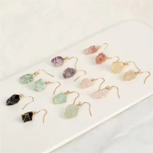 RENSINO New Arrivals Chakra Crystal Raw Gemstone Jewelry Gold Silver Natur Mixed Quartz Crystal Earrings with Rough Stone for Gift