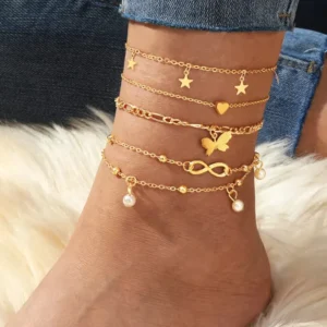RENSINO New Bohemia Charm Chain Ankle Bracelet on Leg Foot Jewelry Boho Pineapple Star Pendant Anklet Set for Women Accessories