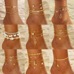 RENSINO New Boho Women Diamond Gold Chain Heart Butterfly Anklet Jewelry Set Heart Pineapple Crystal Beach Anklet Bracelets Foot Chain